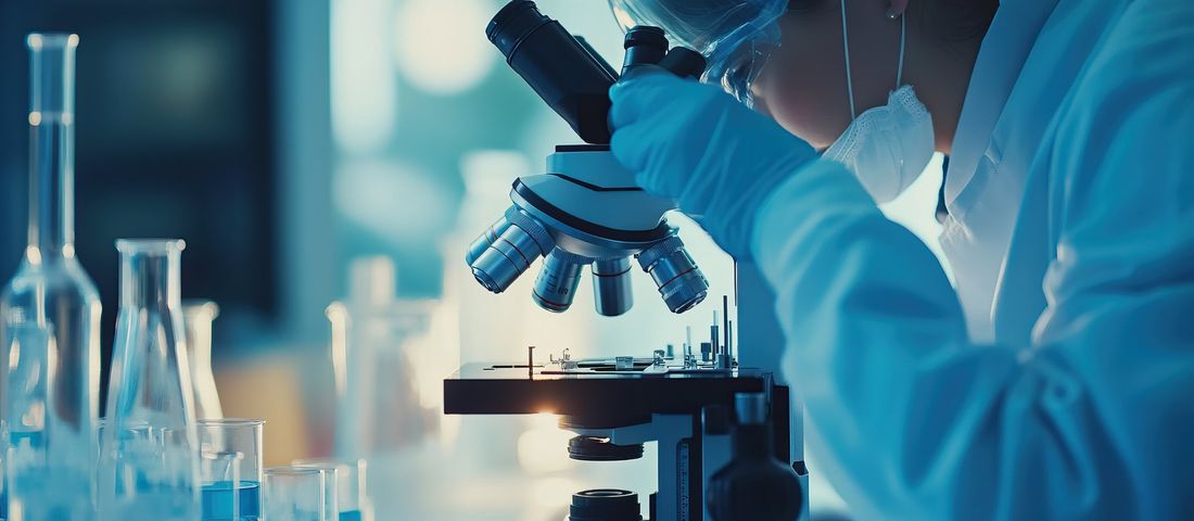 Pesquisadora observa uma amostra ao microscópio em um laboratório